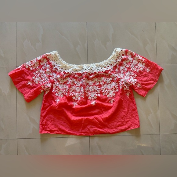 Flying Tomato Summer Tropical floral crochet orange White top plus Size 2X - Picture 14 of 16